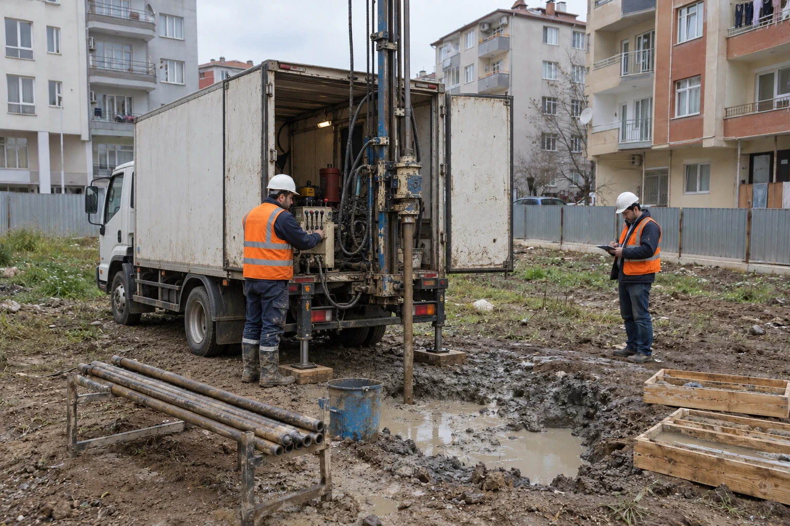İstanbul mahalle ortamında kapalı kasa kamyon üstü zemin sondajı; yapay zekâ ile oluşturulmuş temsili görsel