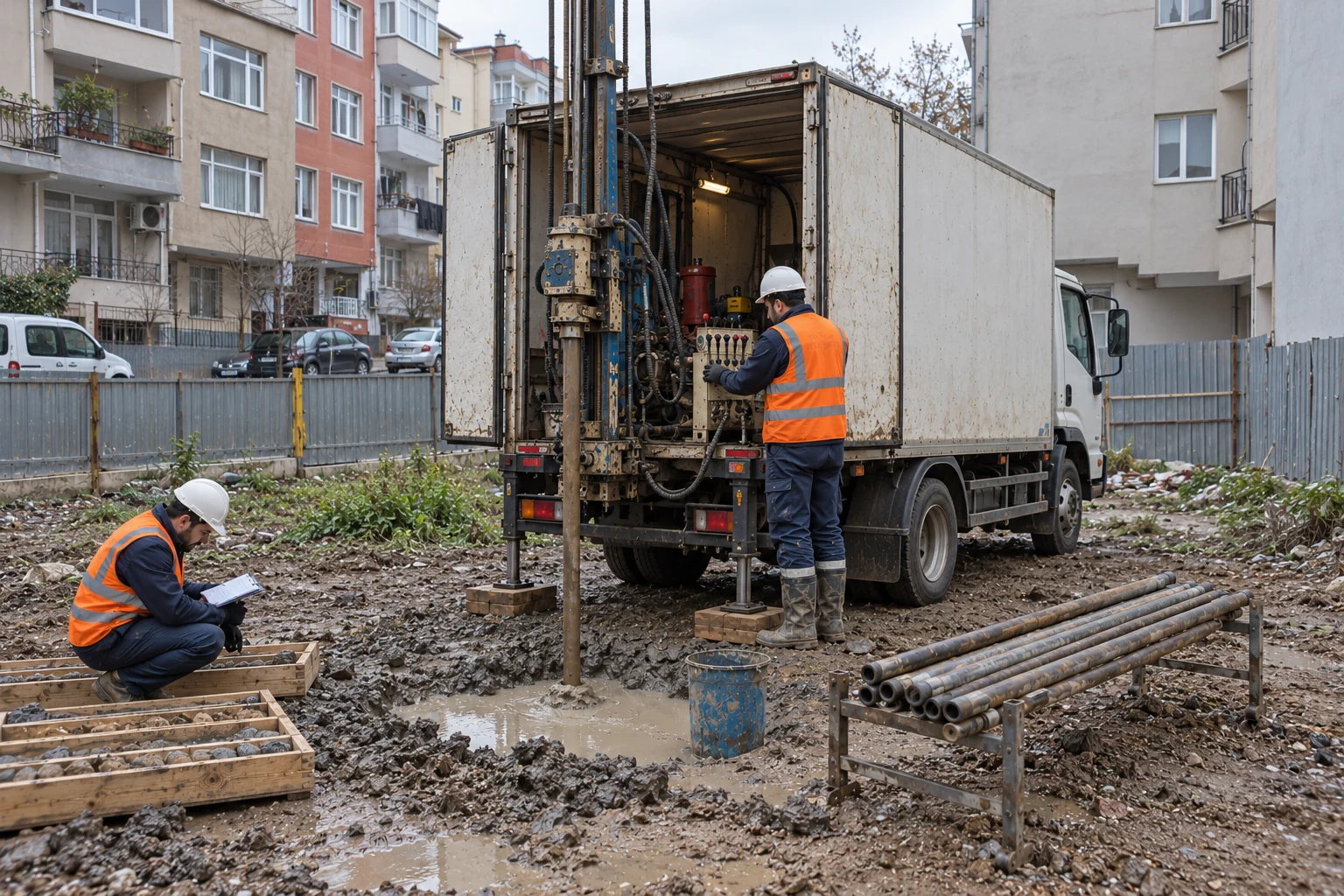 Mahalle arasındaki arsada kamyon üstü sondaj düzeni